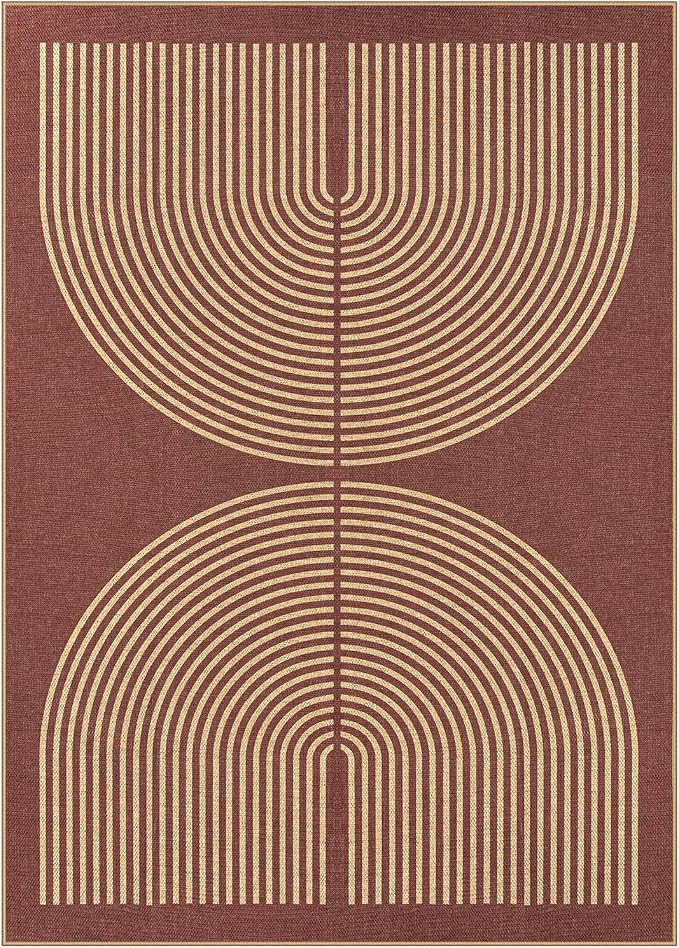 Lahome Enfys Modern Rainbow Easy Jute Outdoor Rug 5x7, Stain Resistant Red Dining Room Patio Rug, Farmhouse Non Slip Non Shedding Indoor Outdoor Carpet for Living Room Office Bedroom Deck Backyard