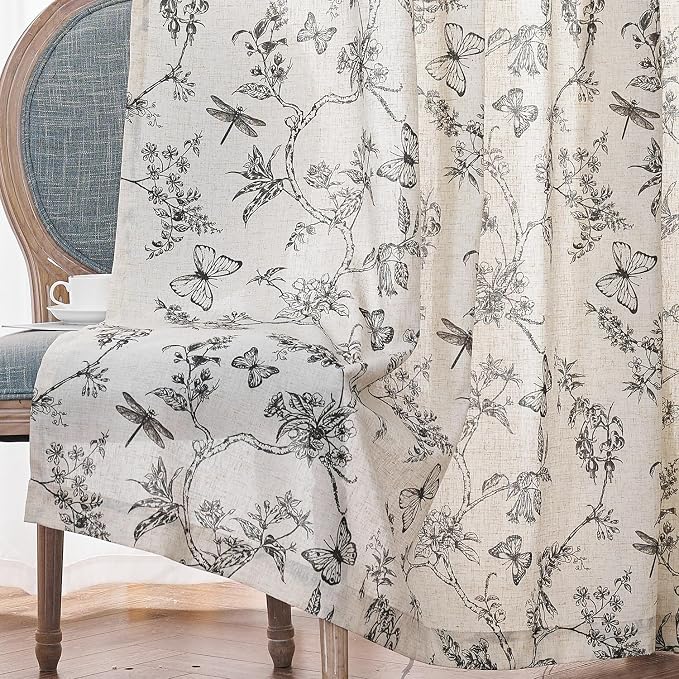 Lazzzy Charlotte Linen Black Floral Curtains 90 Inch Length Farmhouse Curtain Back Tab Drapes for Living Room Bedroom Light Filtering Vintage Rod Pocket Curtains, 2 Panels, Black on Beige