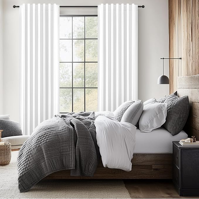 Bright White Blackout Patio Door Curtains 90 Inches Long 2 Panels Set, Cute White Cottage Core Pleated Thick Linen Curtain for Kids Bedroom Nursery Windows Room Darkening Insulated Drapes Back Tab