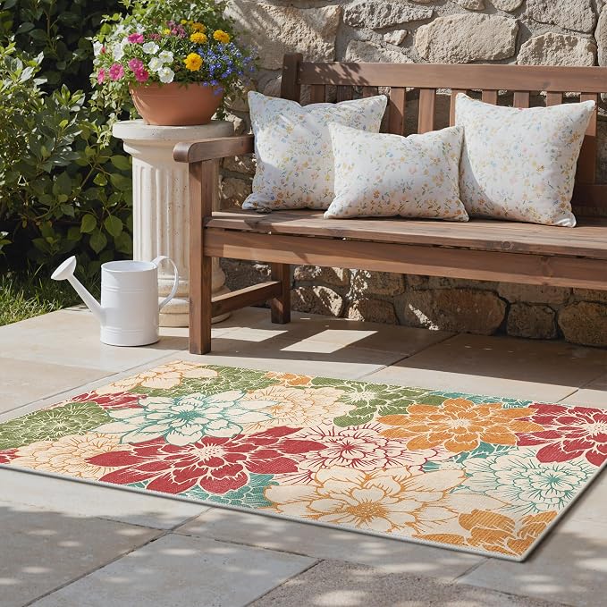 GENIMO 3x5 Outdoor Rug, Washable for Porch and Balcony, Rust Teal | Floral design for entryway; fade resistant chenille with quick-dry non-slip backing for indoor mudroom