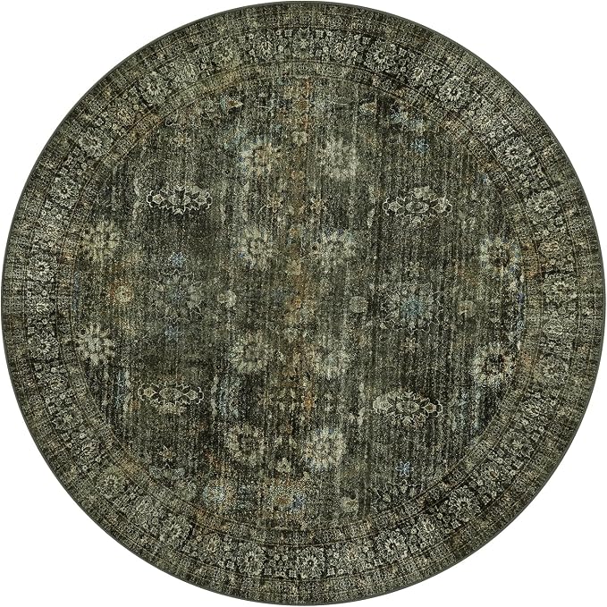 Moynesa Ultra-Thin Washable 5ft Round Rug - Teal 5x5 Circle Rugs for Living Room, Vintage Dining Room Mat Stain Resistant Nursery Carpet for Bedroom Mudroom Kitchen Apartment Home Office