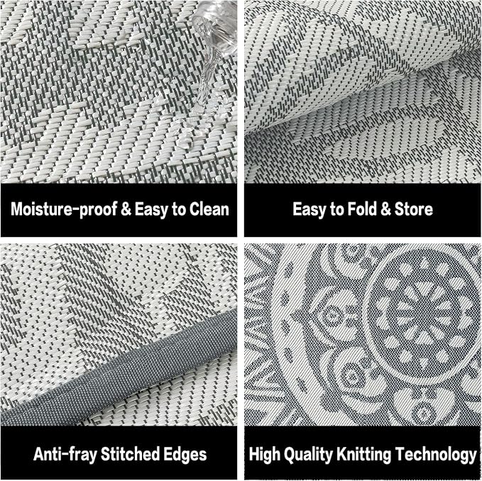 HUGEAR 8x10 Outdoor Boho Rug Grey Patio Waterproof Rug Home Decor Reversible Plastic Straw Rugs Outside Indoor Floor Mat for Camping Balcony RV Deck Porch Pool Backyard