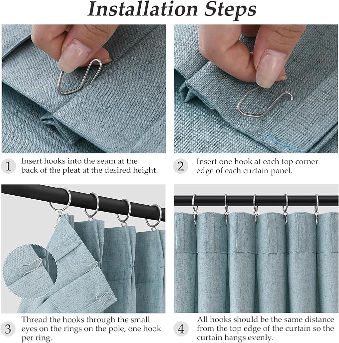 102 Inch Light Blue Pinch Pleat Linen Curtains for Living Room Bedroom Semi Sheer Privacy Flax Textured Pleated Drapes Light Filtering Kids Room Sliding Glass Door Curtain Modern Decorations 40x102