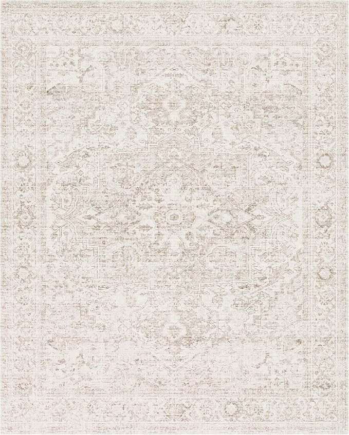 FMFUNCTEX 10x12 Washable Area Rug Beige Vintage Neutral Distressed Oriental Large Non Slip Carpet for Living Room Bedroom Soft Low Pile Indoor Mat Retro Rug for Dining Room Kitchen Office Nursery