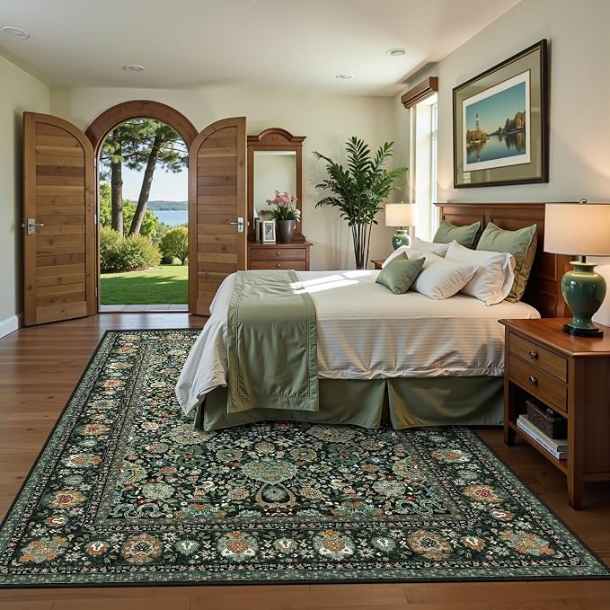 Dark Green Floral Living Room Rug 5x7 Washable Rugs Boho Vintage Oriental Large Foldable Faux Wool Carpet for Bedroom Nursery Room Dorm Kids Playroom Home Office