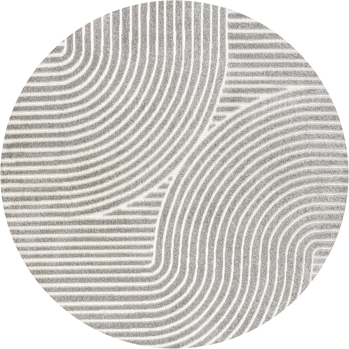JONATHAN Y Hallie High-Low Curve Gray/Ivory 5' Round Indoor/Outdoor Area Rug, Minimalist, Pet Friendly, Non-Shedding, Stain Resistant, Hose-Washable for Backyard, Patio, Porch (SCN100A-5R)