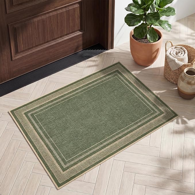 GarveeHome 2x3 Small Easy Jute Area Rugs Washable Green Neutral Door Mat | Indoor Non Slip Living Room Throw Carpet xModern Solid Bedroom Rugs Stain Resistant for Entryway Nursery Kitchen Dorm, Green