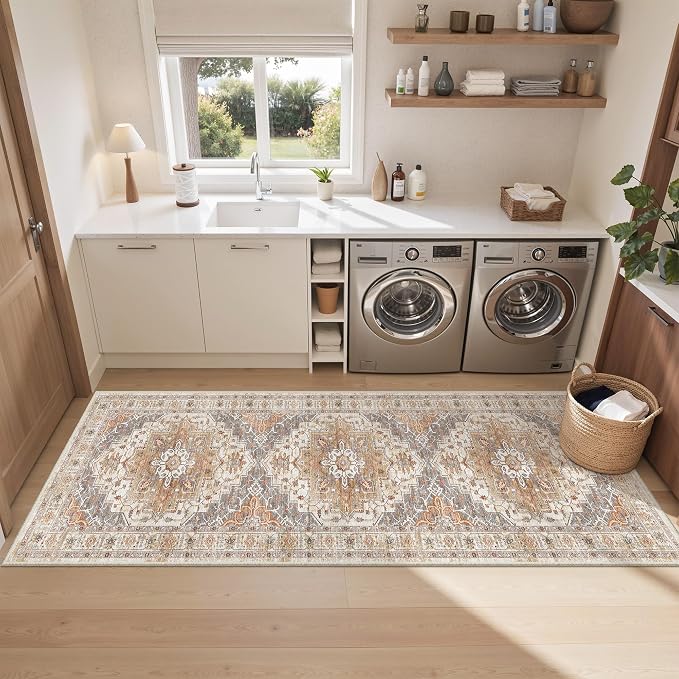 befbee 2.6'x8'Non Slip Runner Rugs - Runners for hallways, Kitchen,Entryway,Stain Resistant Washable Rugs for Bedroom, Indoor Vintage Area Rugs (Turmeric/Grey,2.6'x8')