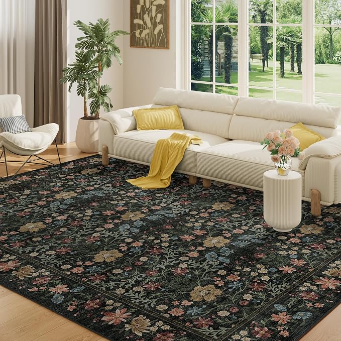 DUKINO 6x9 Area Rug, Vintage Floral Washable Rugs for Living Room, Black | Non Slip, Low Pile, Non-Shedding, Soft Indoor Large Carpet for Bedroom, Office, Dining Room, Farmhouse, Nursery, Home Decor