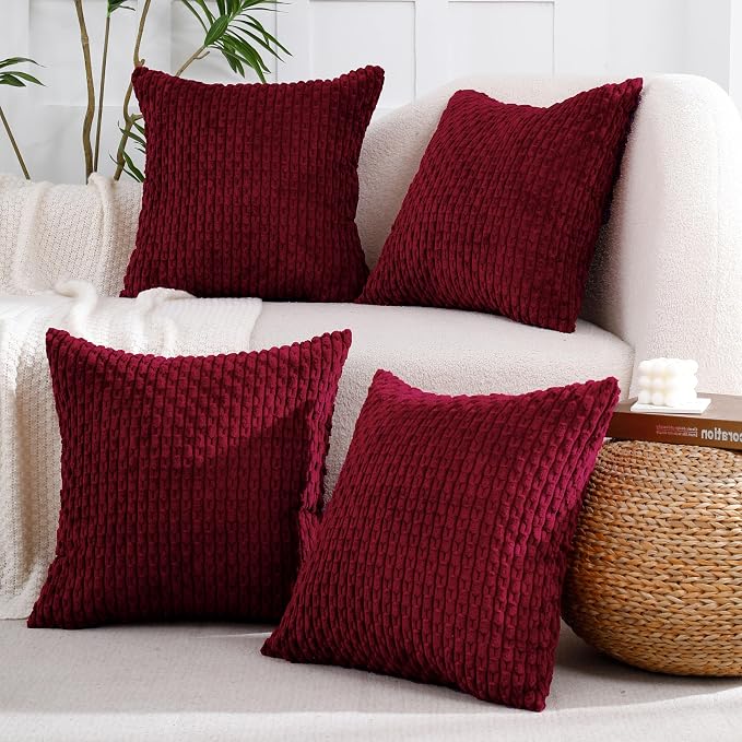 VAKADO Couch Christmas Decorative Throw Pillow Covers Corduroy 18x18 Set of 4 Red Home Living Room Neutral Rustic Farmhouse Cushion Case Decor Boho Square for Bed Sofa