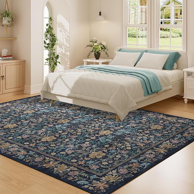 DUKINO 5x7 Area Rugs, Vintage Floral Washable Rug for Living Room Dark Blue | Non Slip, Low Pile, Soft, Lightweight, Boho Indoor Carpet for Bedroom, Office, Dining Room, Dorm Room, Farmhouse, Home Decor
