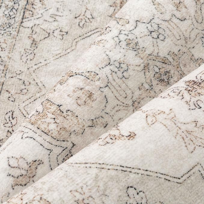 PureCozy Beige Area Rug 3x5 Washable Vintage Carpet for Entryway Office Soft Retro Kitchen Low Pile Thin Door Mat Non Slip Oriental Medallion Throw Rug for Bathroom Bedroom Dining Living Room