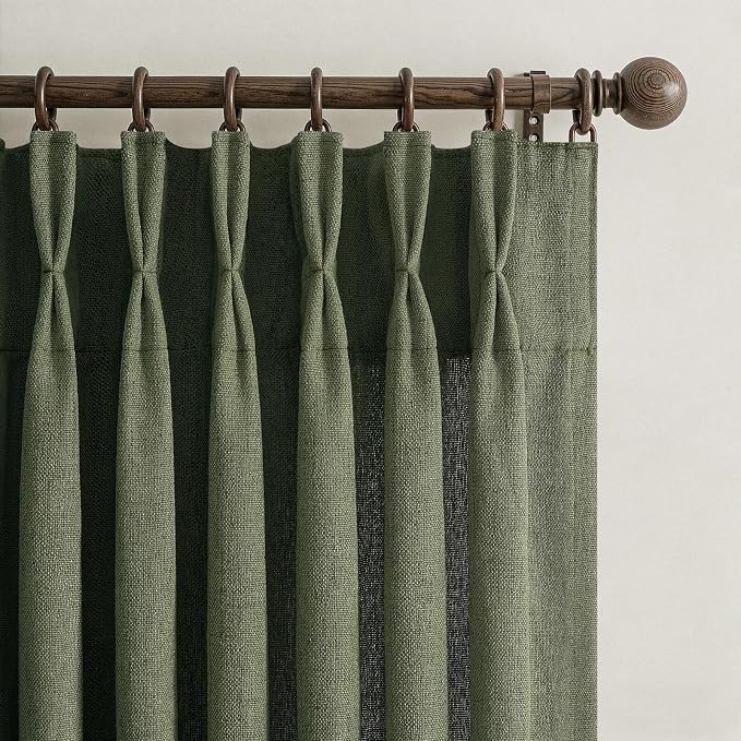 Extra Long 108 Inch Pinch Pleated Sheer Large Curtains for Living Room, Dark Green Memory Shape Natural Linen Light Filtering Privacy Luxury Windows Curtain & Drapes 4 Panels Set with Hook Ring Loden