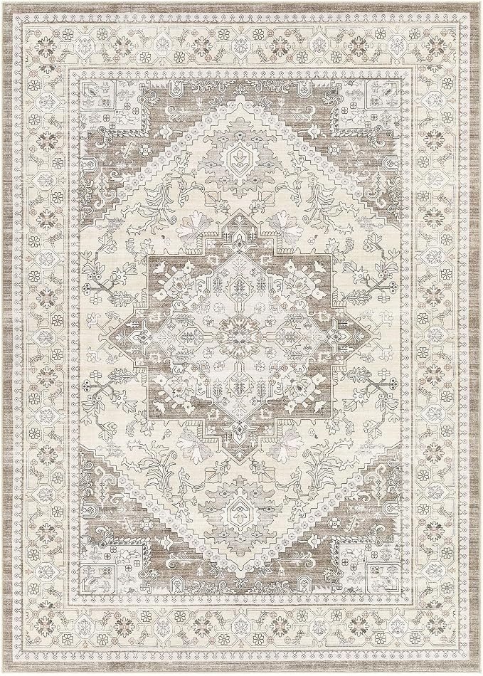 12x15 Vintage Area Rug: Washable Neutral Soft Non Slip Thin Large Floor Carpet for Living Room Bedroom Kitchen Dining Room Home Office Farmhouse Indoor - Brown