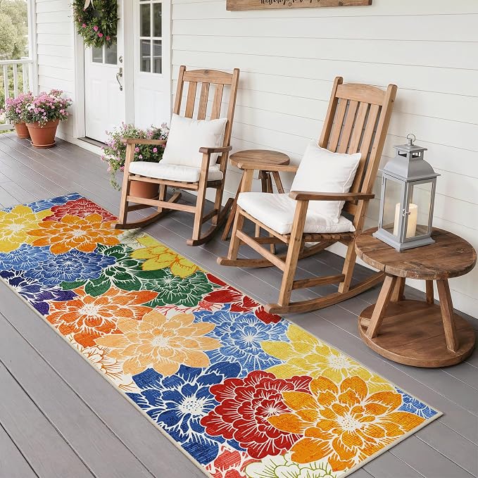 GENIMO 2.5x8 Outdoor Runner Rug, Washable for Patio, Multicolor | Floral design for balcony; fade resistant chenille and quick-dry non-slip backing for indoor hallway kitchen