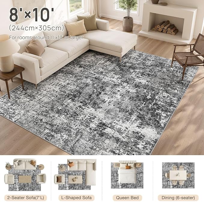 cotiled Washable Area Rug 8x10, Non-Slip Soft Neutral Rug for Living Room | Modern Abstract Carpet, Stain Resistant and Kid & Pet Friendly, Ideal For Bedroom, Dining Room, Nursery, Office - Blue/Gery