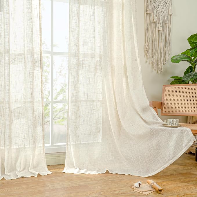 LAMIT Linen Sheer Curtains 72 Inch Length 2 Panels, Linen Textured Light Filtering Semi Sheer Back Tab and Rod Pocket Burlap Boho Neutral Drapes for Bedroom/Living Room, Ivory Cream, 52 x 72 Inch