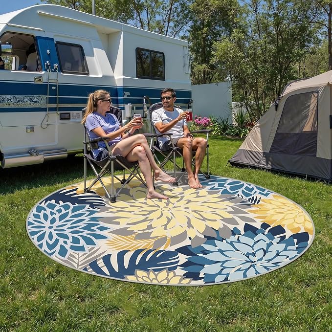 Colorful 6FT Outdoor Round Area Rug Washable Rugs Multicolored Patio Rug Tropical Botanical Floral Chenille Waterproof Outdoor Carpet for RV, Pool Deck, Backyard, Porch, Ocean Dahlia