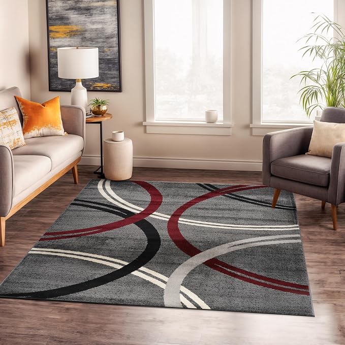 Rugshop Wavy Circles Modern Non-Shedding Square Rug Red 6'6" x 6'6"