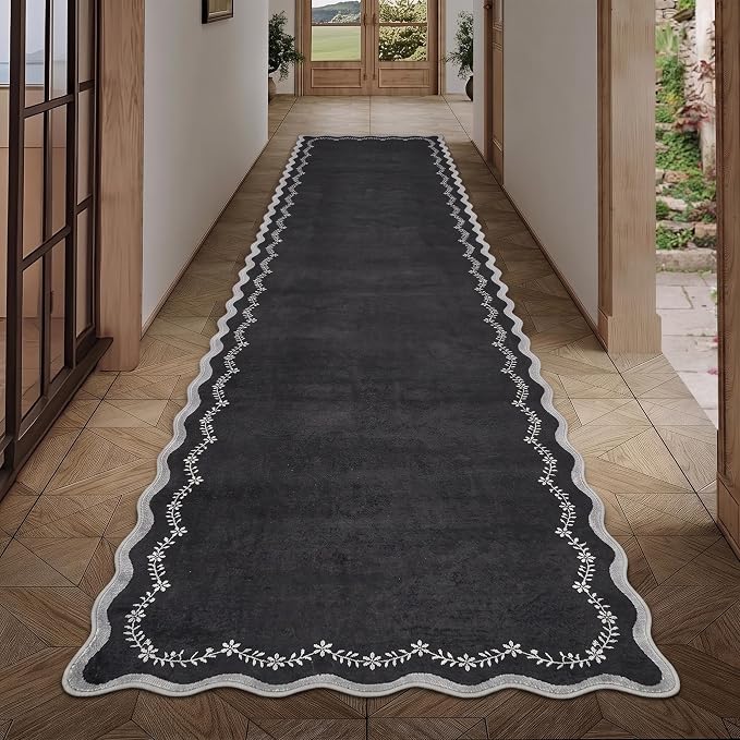 GarveeHome 2.5x8 Scalloped Washable Runner Rug Non Slip Hallway Kitchen Rug | Soft Long Hall Runner Black Entryway Rug Farmhouse Thin Laundry Mat Stain Resistant Carpet for Bathroom Beside Rug
