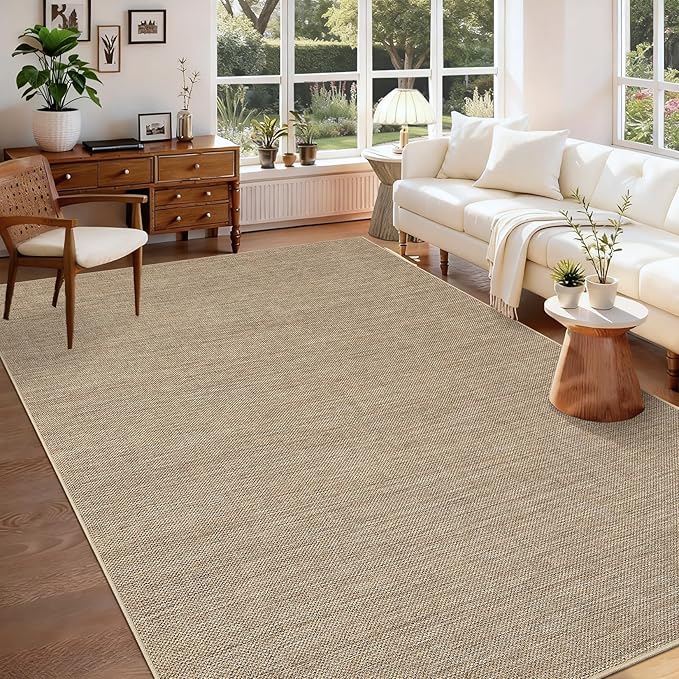 GarveeHome Washable Bedroom 4x6 Area Rug Modern Solid Easy Jute Area Rugs | Non Slip Stain Resistant Living Room Throw Carpet Low Pile Easy Jute Rugs for Kitchen Nursery Entryway Dorm Kids Room, Tan
