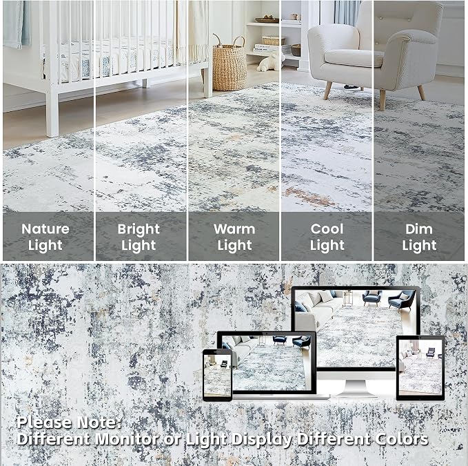 8x10 Area Rugs Living Room Rug Modern Abstract Neutral Washable Rugs Non Slip Soft Carpet Large Area Rug Low Pile Stain Resistant Non Shedding for Bedroom Nursery Dining Room Home Office Blue Grey