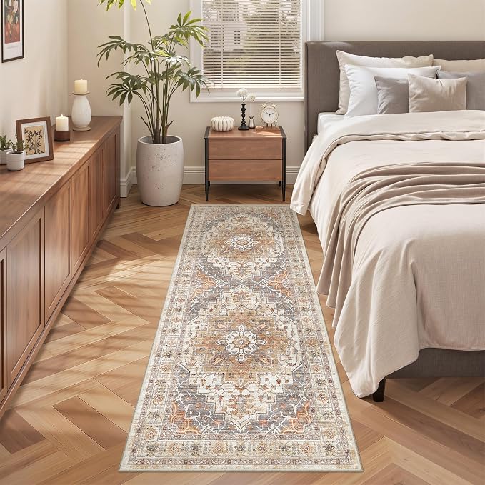 befbee Washable Runner Rug 2x6 Hallway Runner Rug Ultra-Thin Kitchen Rug Non Slip Indoor Floor Foldable Carpet with Low Pile for Entryway Bathroom Laundry Room Living Room(Turmeric/Grey,2'x6')