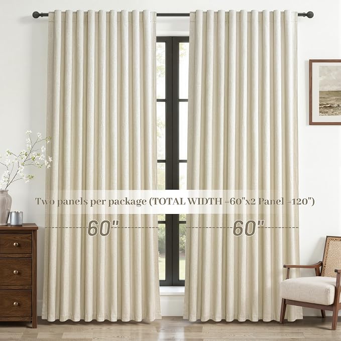 Warm Cream Blackout Curtains 60 Inches Extra Wide Linen 90 Inch Length for Living Room,Pleated Farmhouse Bedroom Thermal Drapes for Winter Thick Large Window Energy Efficient (60"W x 90"L 2 Panels)