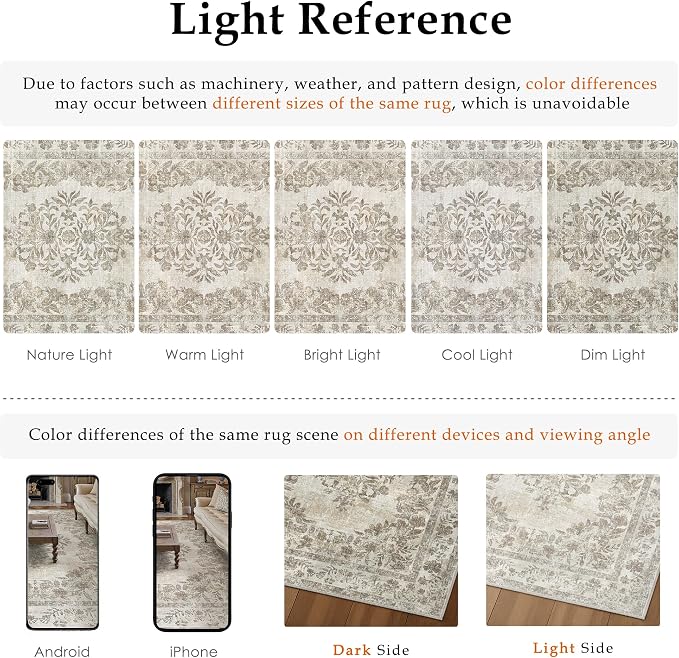 PureCozy 10x14 Area Rug Beige Washable Vintage Distressed Living Room Carpet Large Bedroom Indoor Medallion Floral Non Slip Retro Throw Floor Mat for Office Dining Room Kitchen Bathroom