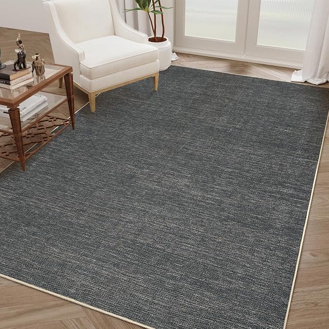 GarveeHome 9x12 Large Area Rug for Living Room Easy Jute Modern Rugs | Non Slip Low Pile Neutral Bordered Solid Tan Dining Room Rugs Washable Carpet for Bedroom Home Office Decor, Grey