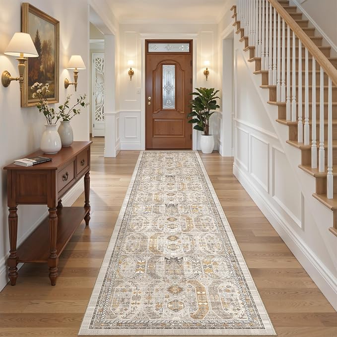 2'6" x 12'Non Slip Runner Rugs - Runners for hallways, Kitchen,Entryway,Stain Resistant Washable Rugs for Bedroom, Indoor Vintage Area Rugs (Brown/Gold,2'6" x 12')