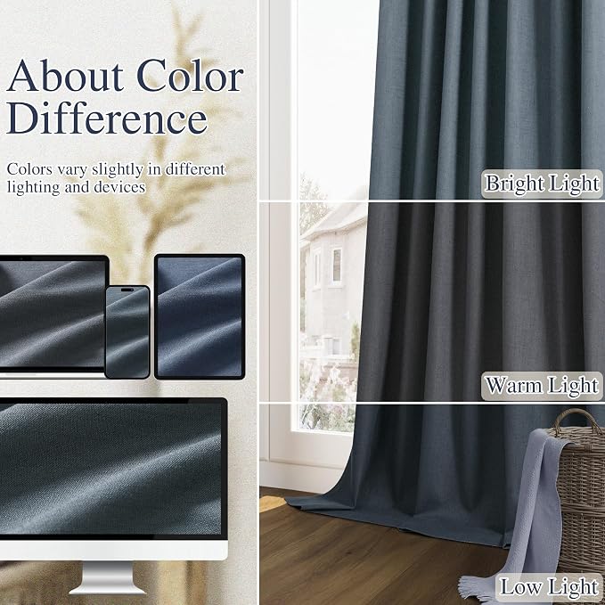 Guken Vintage Blue 100% Blackout Linen Curtains 108 Inch Length 2 Panels Set for Living Room Bedroom Back Tab Rod Pocket Thermal Insulated Black Out Drapes Room Darkening Window Curtains
