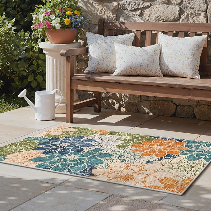 GENIMO 3x5 Outdoor Rug, Washable for Porch and Balcony, Teal Blue | Floral design for entryway; fade resistant chenille with quick-dry non-slip backing for indoor mudroom