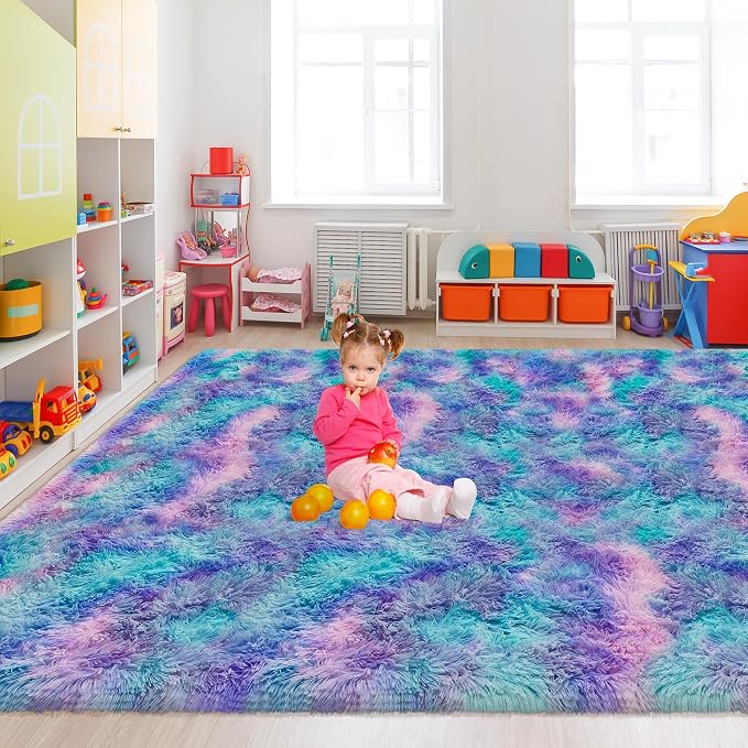 Purple Rainbow Fluffy Soft Area Rug 8x10 ft Plush Furry Rugs for Girls Bedroom Kawaii Shaggy Rug for Living Room Fuzzy Nursery Rug for Baby Toddler's Room Cute Colorful Room Decor for Kids