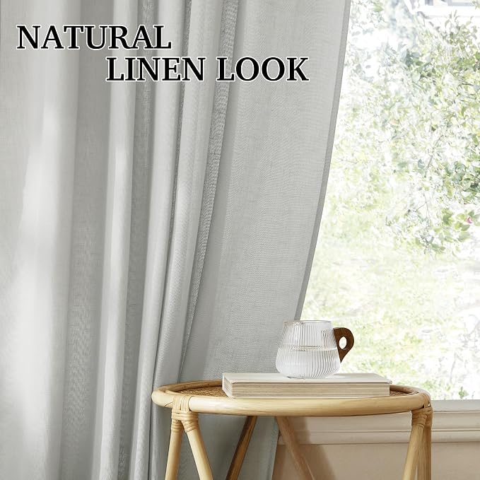 RYB HOME Linen Sheer Curtains for Living Room Bedroom, Back Tab 120 inches Farmhouse Boho Rustic Decoration for Dining Room Nursery, Grey, W 52 x L 120 inches, 2 Panels Set