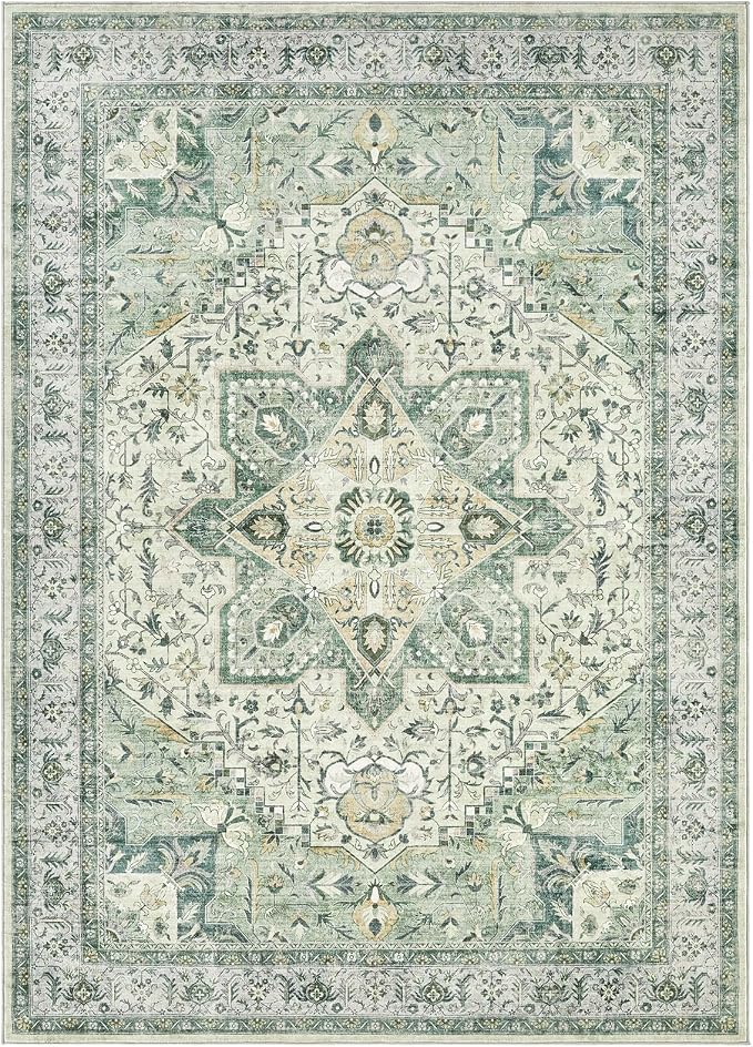 Tortania Area Rug Living Room Rugs - 8x10 Washable Boho Rug Vintage Oriental Distressed Farmhouse Large Thin Indoor Carpet for Living Room Bedroom Under Dining Table Home Office - Green