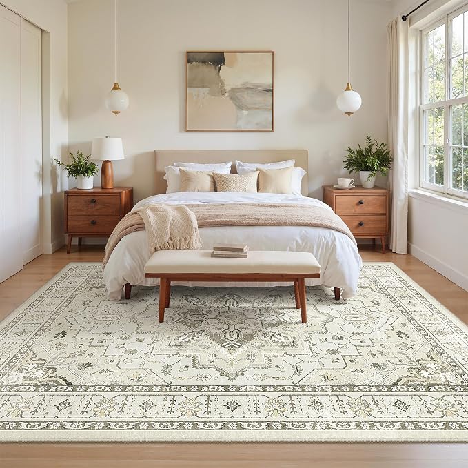 zesthome 5x7 Area Rugs, Machine Washable Rugs for Living Room, Bedroom,Stain Resistant Vintage Large Area Rug,Non-Slip Medallion Pattern Home Decor Rugs (Beige,5'x7')