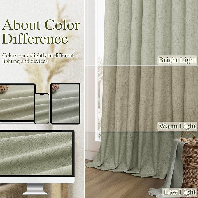 Guken 100% Blackout Linen Curtains 98 Inch Wide by 52 Inch 2 Panels Set for Living Room Bedroom Back Tab Thermal Insulated Black Out Linen Drapes Room Darkening Window Curtains, Sage Green