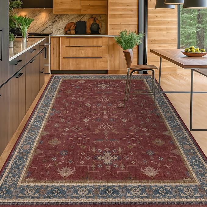 6x8 Dining Room Rugs for Under Table - Vintage Burgundy Boho Living Room Rug, Machine Washable Foldable Carpet,Southwestern Bed Room Décor Aesthetic
