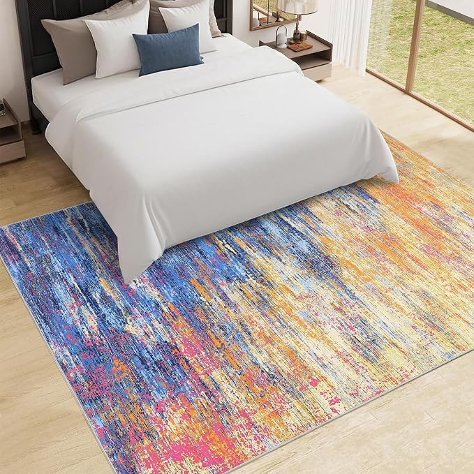 ROYHOME Washable Rug 5x7 Abstract Area Rug for Living Room, Non Slip Foldable Soft Rugs for Bedroom, Stain Resistant Rugs Modern Fuzzy Rug, Indoor Floor Carpet for Entryway Home, Blue/Orange