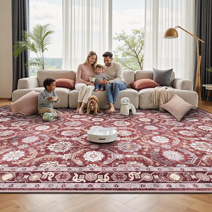 8x10 Area Rugs, Soft Non Slip Low Pile Washable Rug, Boho Modern Rug for Living Room, Bedroom, Dining Room, Red