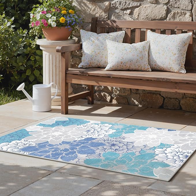 GENIMO 3x5 Outdoor Rug, Washable for Porch and Balcony, Aqua Grey | Floral design for entryway; fade resistant chenille with quick-dry non-slip backing for indoor mudroom
