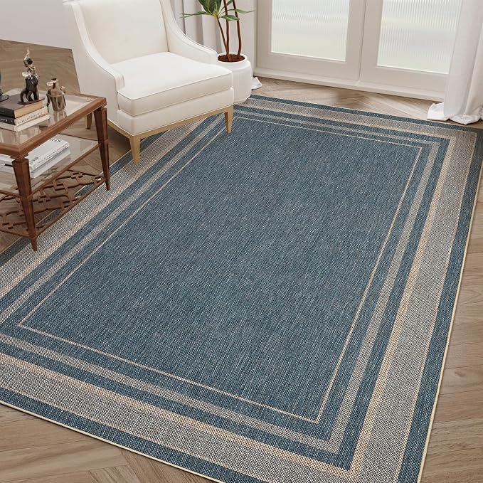 GarveeHome 9x12 Large Area Rug for Living Room Easy Jute Modern Rugs | Non Slip Low Pile Neutral Bordered Solid Tan Dining Room Rugs Washable Carpet for Bedroom Home Office Decor, Blue