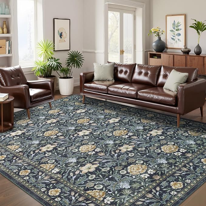 GarveeHome Washable Area Rug 6x9, Soft Vintage Floral Bedroom Rug Non Slip Low Pile Carpet Stain Resistant Throw Rug for Bedside Kids Room Office Dining Room