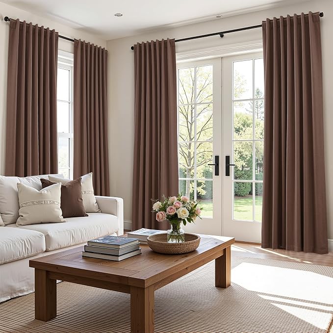 Guken Cappuccino 100% Blackout Linen Curtains 108 Inch Length 2 Panels Set for Living Room Bedroom Back Tab/Rod Pocket Thermal Insulated Farmhouse Black Out Drapes Room Darkening,52x108
