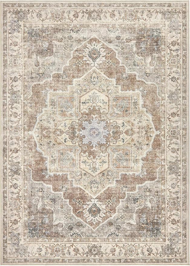 8x10 Washable Area Rug: Vintage Neutral Soft Non Slip Thin Large Floor Carpet for Living Room Bedroom Kitchen Dining Room Home Office Farmhouse Indoor - Beige Brown
