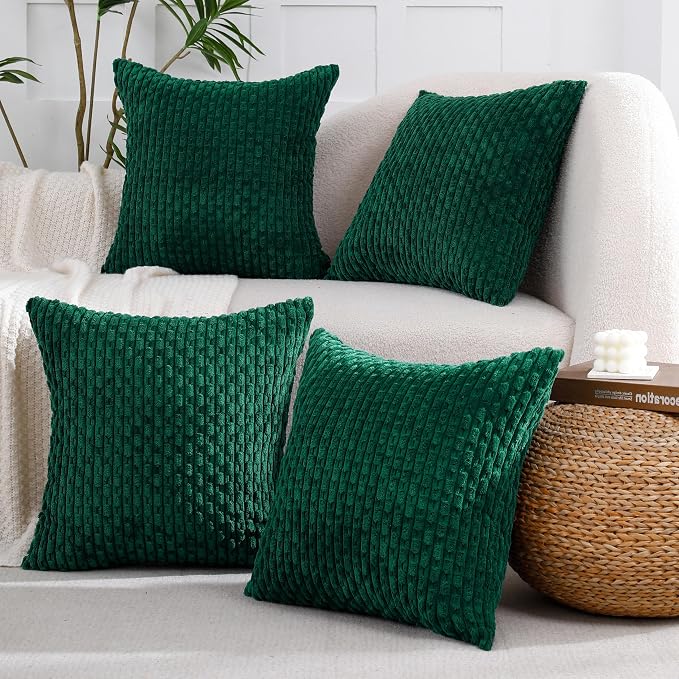 VAKADO Christmas Couch Decorative Throw Pillow Covers Corduroy 16x16 Set of 4 Dark Green Home Living Room Neutral Rustic Farmhouse Cushion Case Decor Boho Square for Bed Sofa