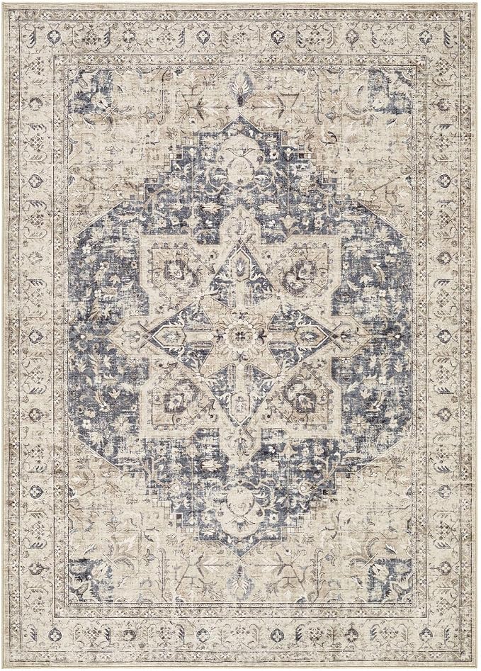 Tortania Area Rug Living Room Rugs - 3x5 Washable Rug Vintage Oriental Distressed Farmhouse Small Thin Indoor Carpet for Living Room Bedroom Under Dining Table Home Office - Cream Blue