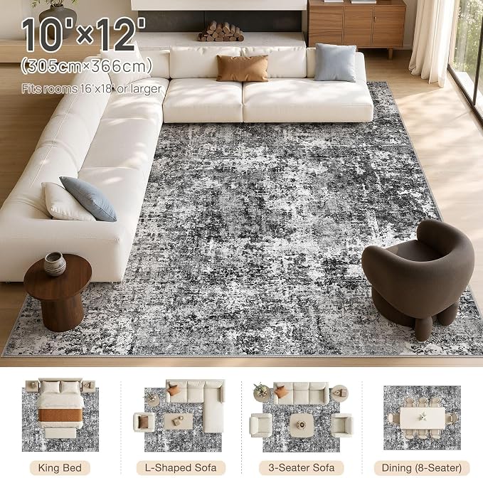 cotiled Washable Area Rug 10x12, Non-Slip Soft Neutral Rug for Living Room | Modern Abstract Carpet, Stain Resistant and Kid & Pet Friendly, Ideal For Bedroom, Dining Room, Nursery, Office - Blue/Gery