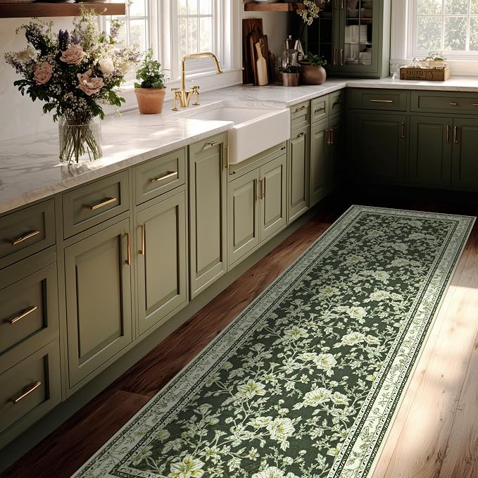 Olive Green Floral Print Area Rugs for Bedroom Living Room Boho Farmhouse Country Rustic Dining Room Carpet Soft Washable Rugs Non Slip Floor Covering for Nursery Playroom 2x6